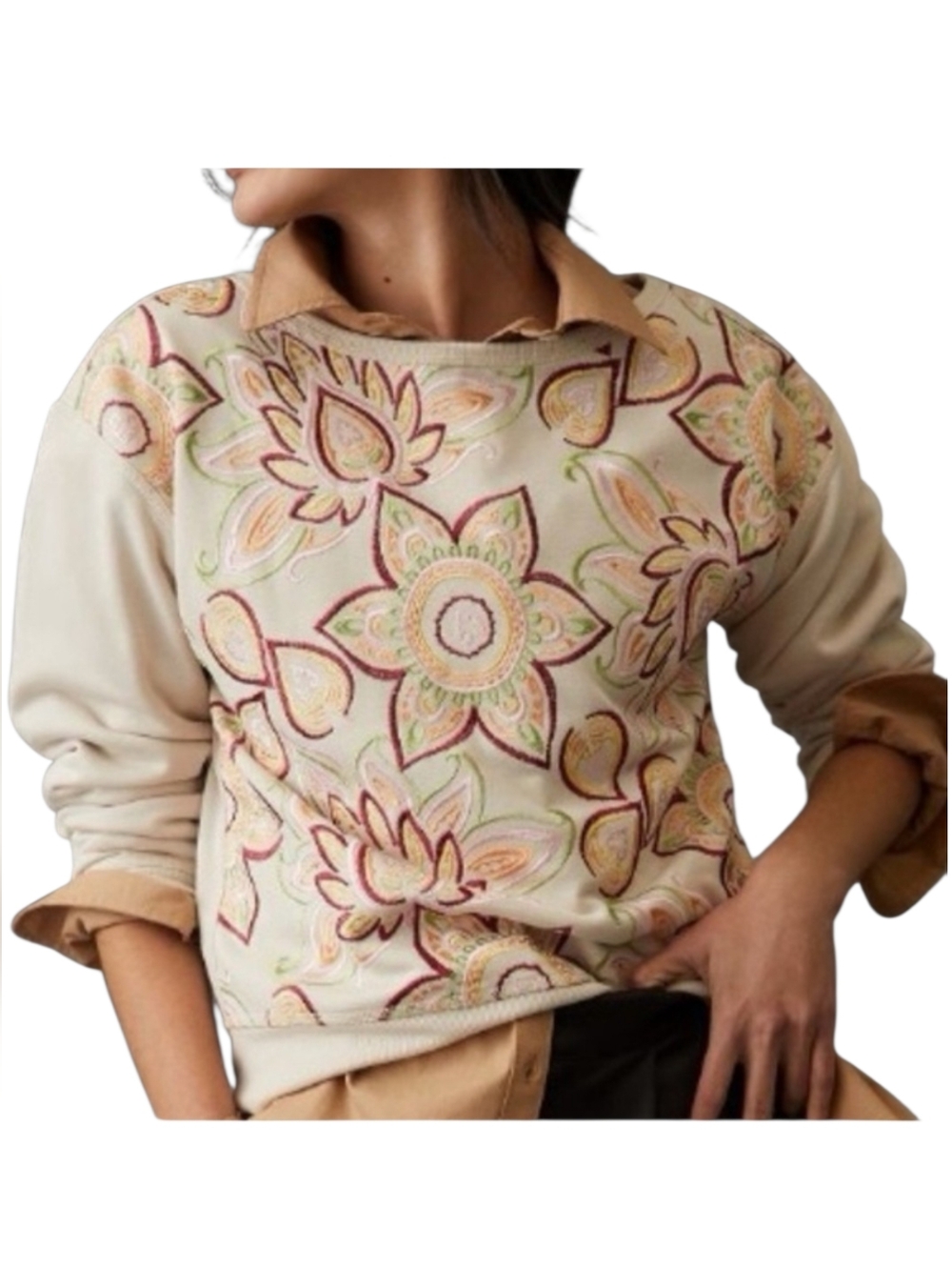 Tiny by Anthropologie Helena Embroidered Floral Sweatshirt | Boho Cream XL